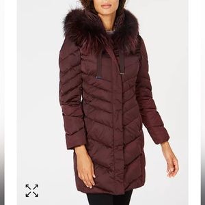TAHARI
Real Fur-Trim Hooded Down Coat, Burgundy